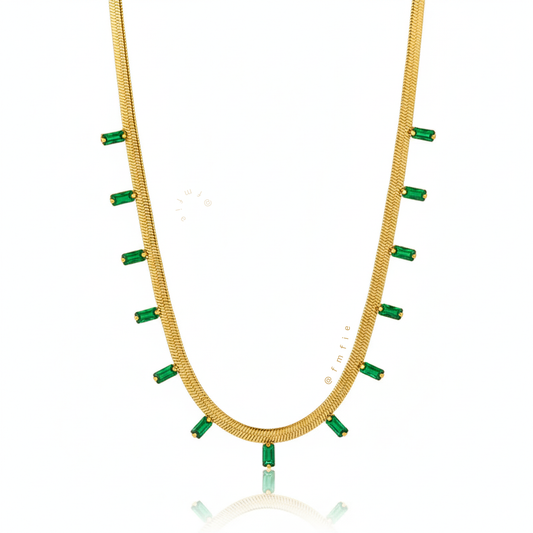 Athina -  Snake Chain Green Emerald Studded Necklace