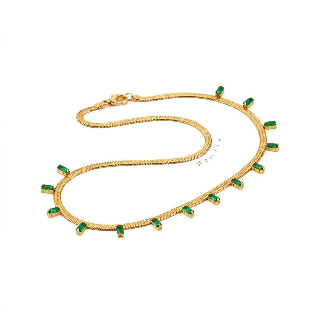 Athina -  Snake Chain Green Emerald Studded Necklace