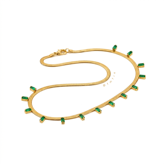 Athina -  Snake Chain Green Emerald Studded Necklace